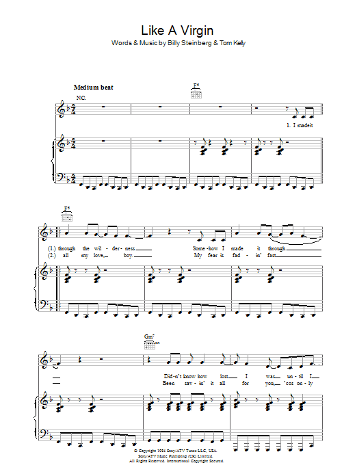 Madonna Like A Virgin sheet music preview music notes and score for Piano, Vocal & Guitar including 5 page(s)