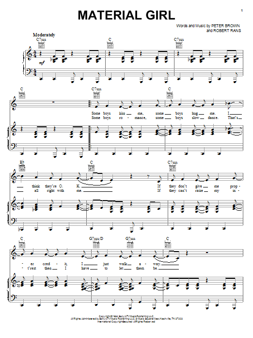 Learn to play Madonna Material Girl sheet music for Piano, Vocal & Guitar (Right-Hand Melody) in minutes. Madonna Material Girl sheet music notes and chords