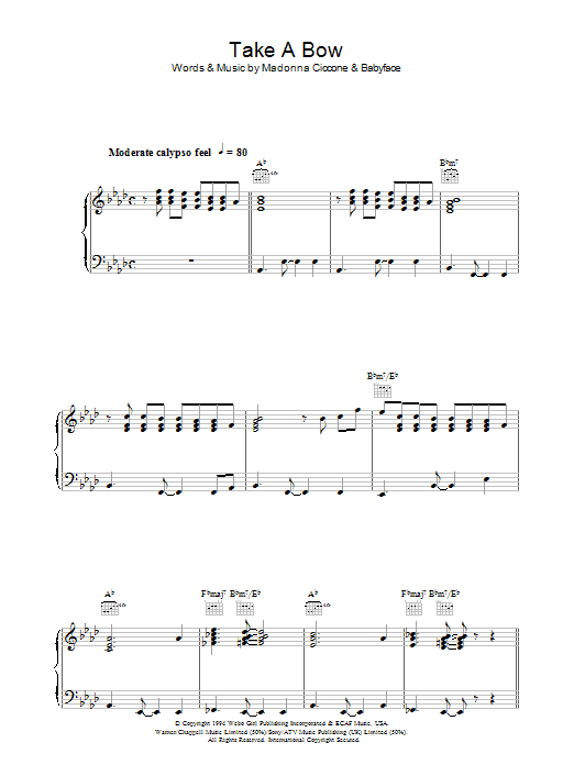 Madonna Take A Bow sheet music preview music notes and score for Piano, Vocal & Guitar (Right-Hand Melody) including 7 page(s)