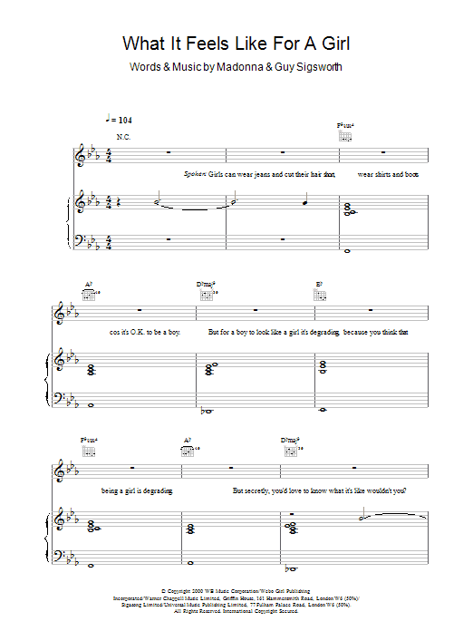 Download Madonna What It Feels Like For A Girl sheet music notes and chords for Piano, Vocal & Guitar - Download Printable PDF and start playing in minutes.