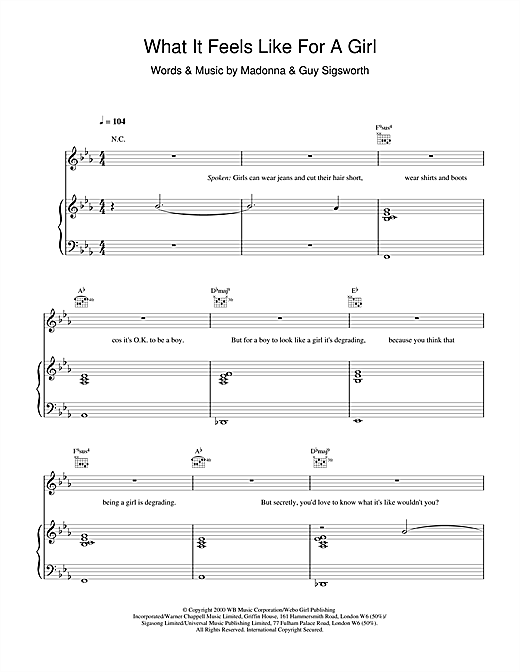 Learn to play Madonna What It Feels Like For A Girl sheet music for Piano, Vocal & Guitar in minutes. Madonna What It Feels Like For A Girl sheet music notes and chords