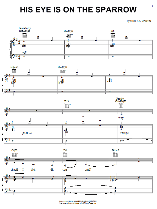 Learn to play Mahalia Jackson His Eye Is On The Sparrow sheet music for Piano in minutes. Mahalia Jackson His Eye Is On The Sparrow sheet music preview music notes and score for Piano including 4 page(s)