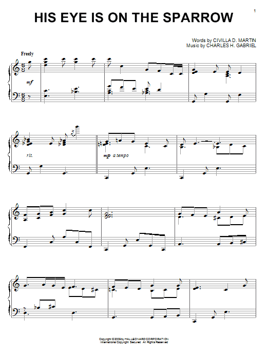 Learn to play Mahalia Jackson His Eye Is On The Sparrow sheet music for Piano in minutes. Mahalia Jackson His Eye Is On The Sparrow sheet music preview music notes and score for Piano including 4 page(s)