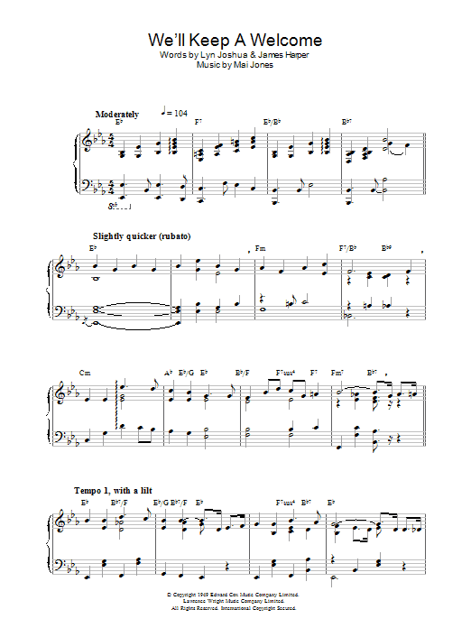 Mai Jones We'll Keep A Welcome sheet music preview music notes and score for Piano including 2 page(s)