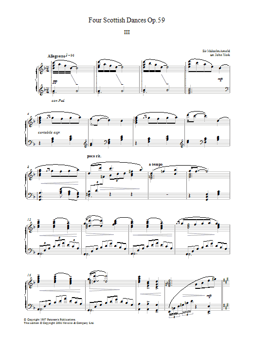 Malcolm Arnold Four Scottish Dances Op.59, No.3, Allegretto sheet music, chords, lyrics - Printable PDF for Piano