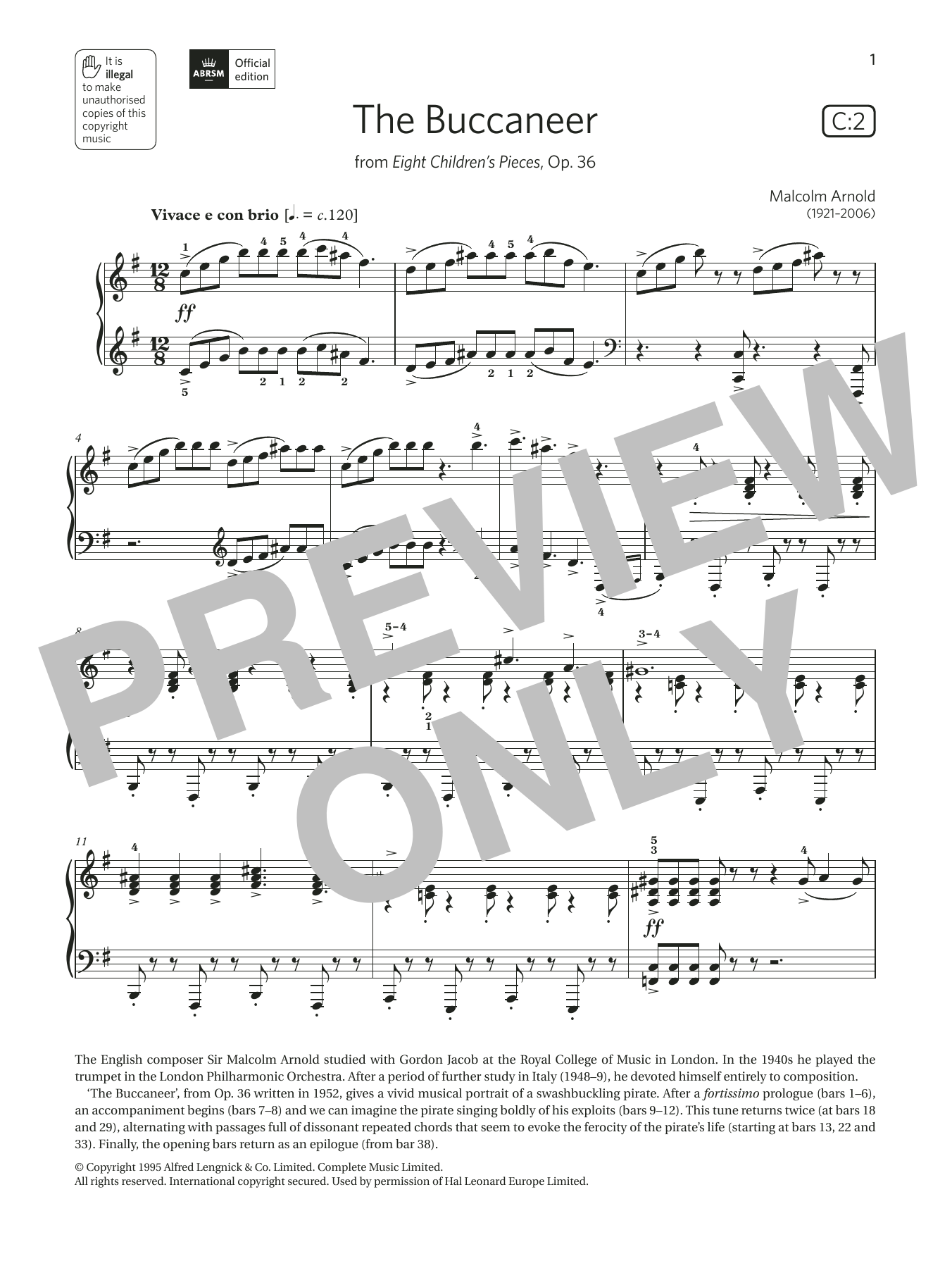 Malcolm Arnold The Buccaneer (Grade 6, list C2, from the ABRSM Piano Syllabus 2021 & 2022) sheet music, chords, lyrics - Printable PDF for Piano Solo