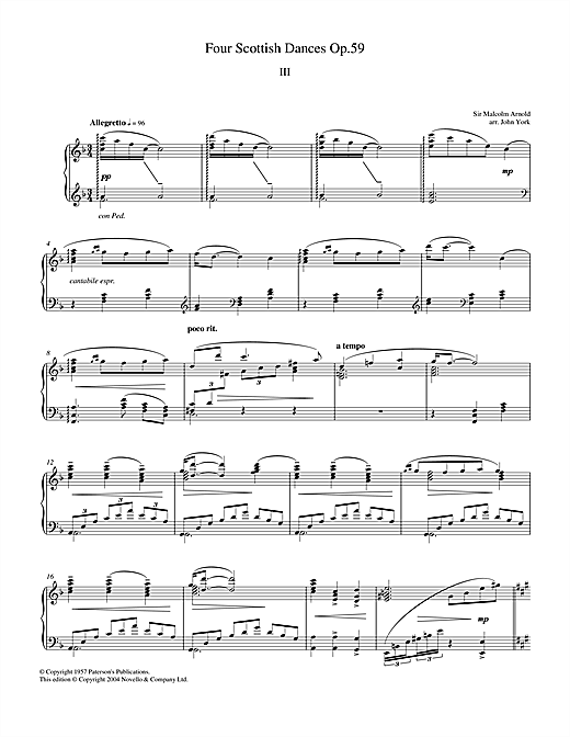 Learn to play Malcolm Arnold Four Scottish Dances Op.59, No.3, Allegretto sheet music for Piano in minutes. Malcolm Arnold Four Scottish Dances Op.59, No.3, Allegretto sheet music notes and chords