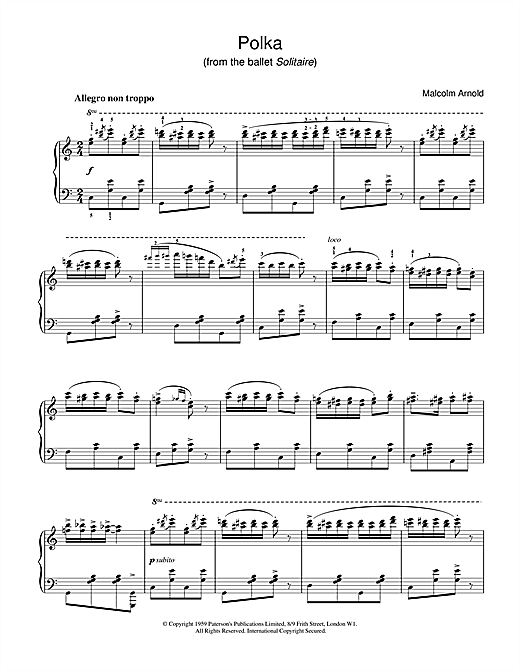 Learn to play Malcolm Arnold Polka from Solitaire sheet music for Piano in minutes. Malcolm Arnold Polka from Solitaire sheet music notes and chords