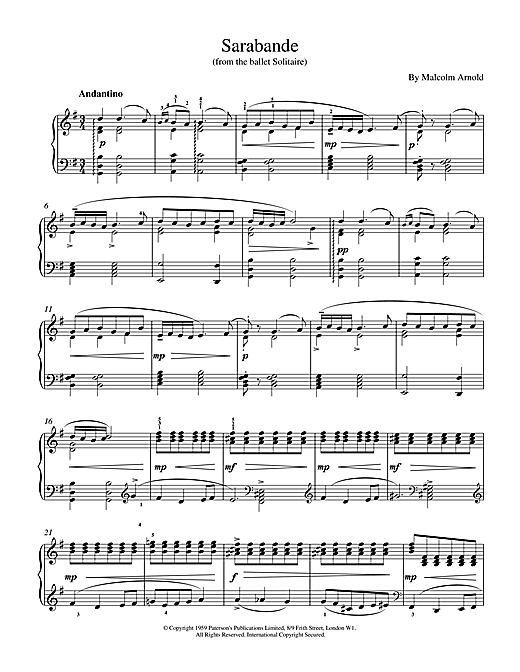 Learn to play Malcolm Arnold Sarabande From Solitaire sheet music for Piano in minutes. Malcolm Arnold Sarabande From Solitaire sheet music notes and chords