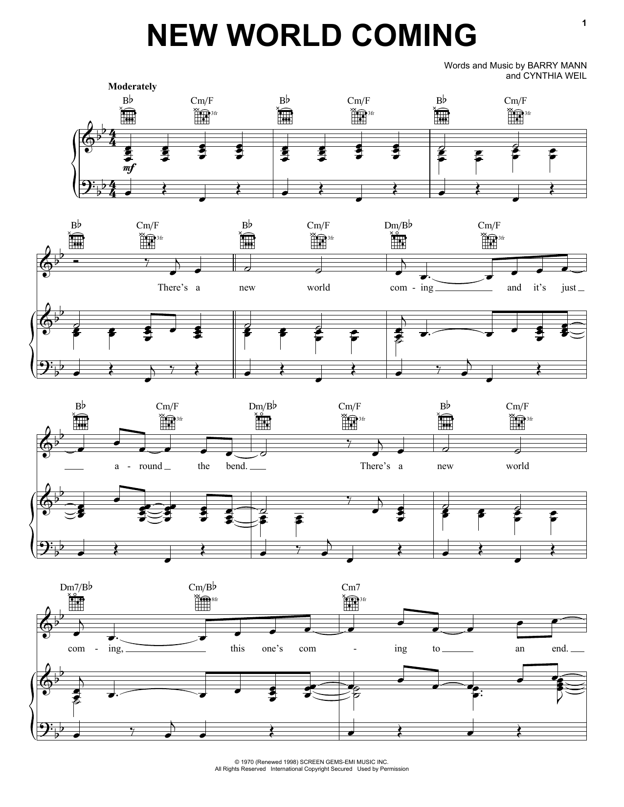 Learn to play Mama Cass Elliot New World Coming sheet music for Piano, Vocal & Guitar (Right-Hand Melody) in minutes. Mama Cass Elliot New World Coming sheet music notes and chords