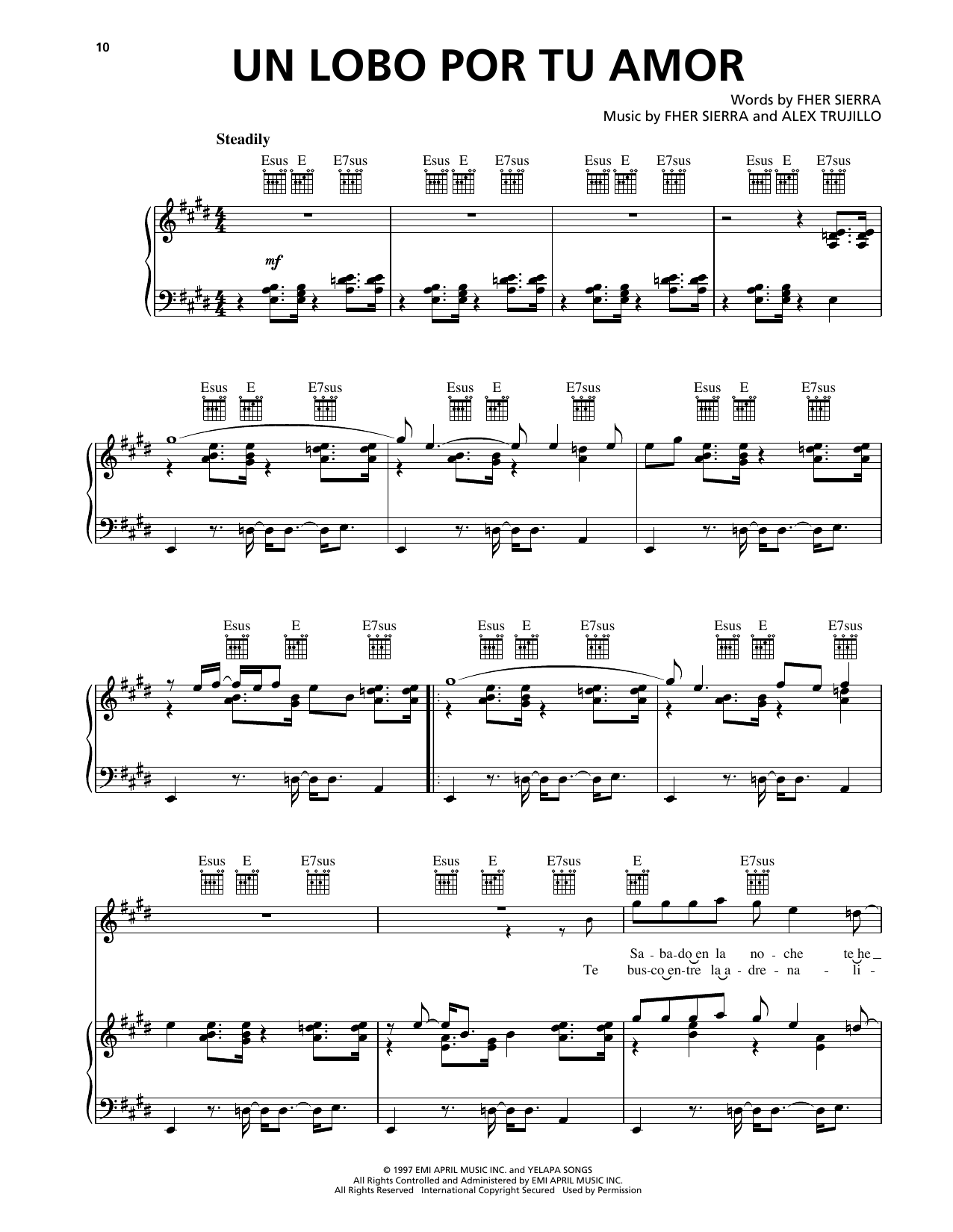 Maná Un Lobo Por Tu Amor sheet music, chords, lyrics - Printable PDF for Piano, Vocal & Guitar Chords (Right-Hand Melody)
