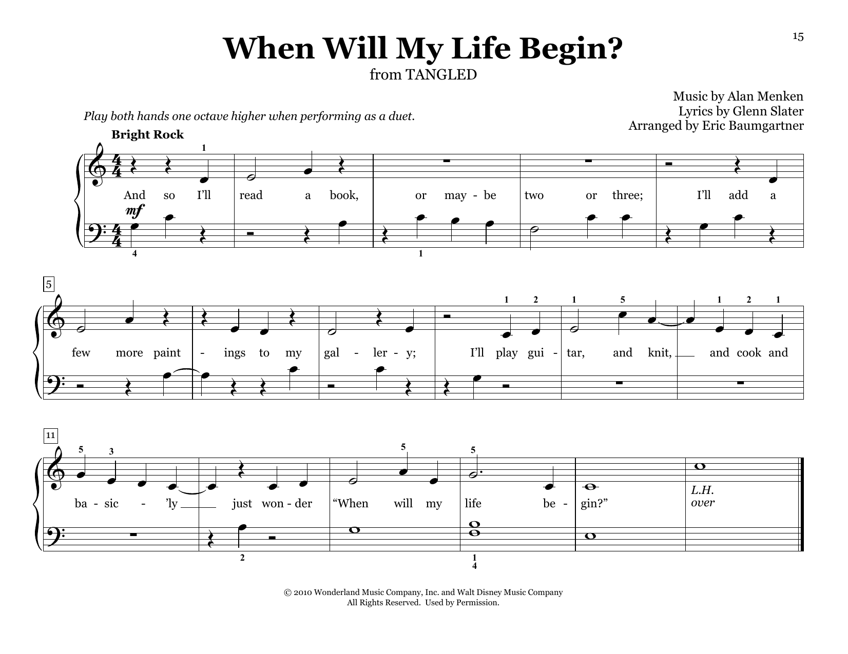 Mandy Moore When Will My Life Begin? (from Tangled) (arr. Eric Baumgartner) sheet music, chords, lyrics - Printable PDF for Piano Duet