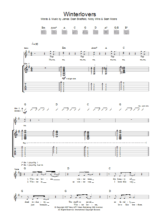Download Manic Street Preachers Winterlovers sheet music notes and chords for Guitar Tab - Download Printable PDF and start playing in minutes.
