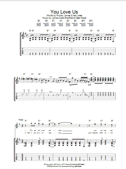 Manic Street Preachers You Love Us sheet music preview music notes and score for Guitar Tab including 8 page(s)