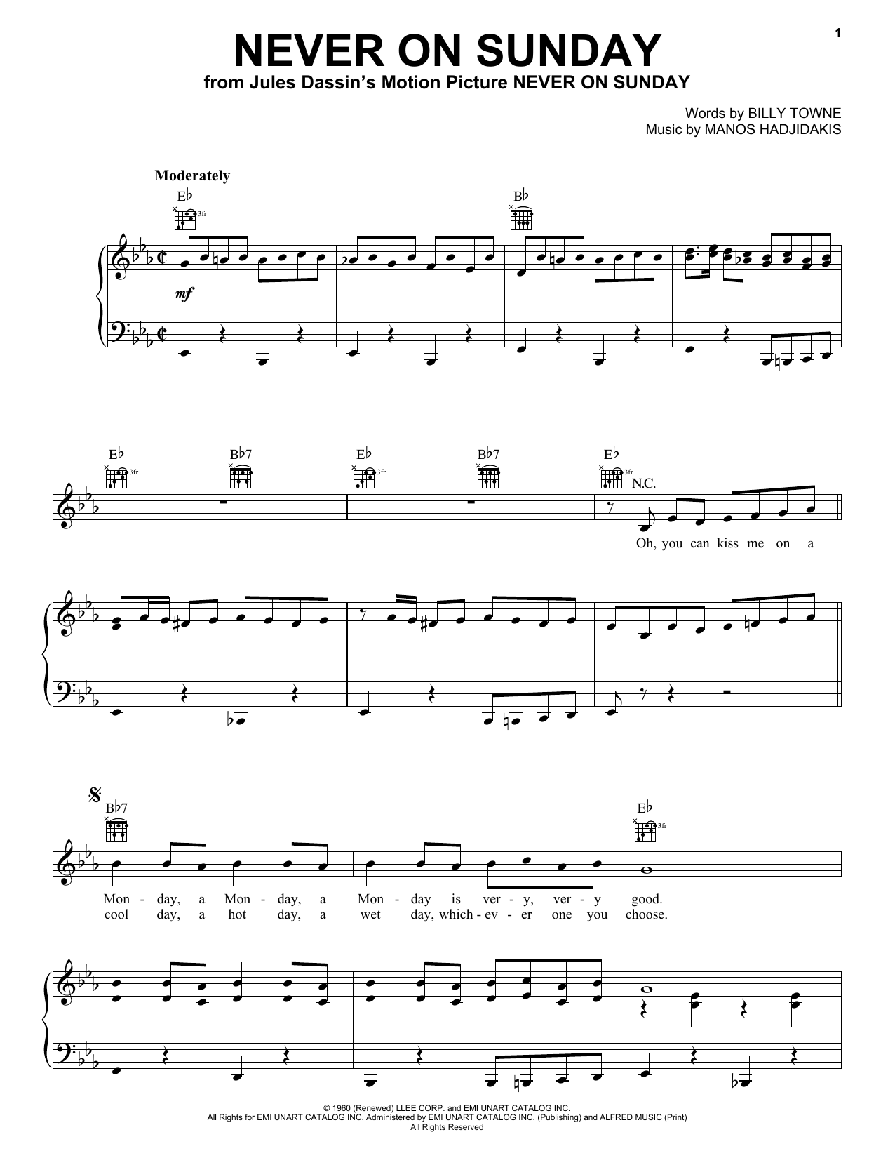 Manos Hadjidakis Never On Sunday sheet music preview music notes and score for Piano, Vocal & Guitar (Right-Hand Melody) including 4 page(s)
