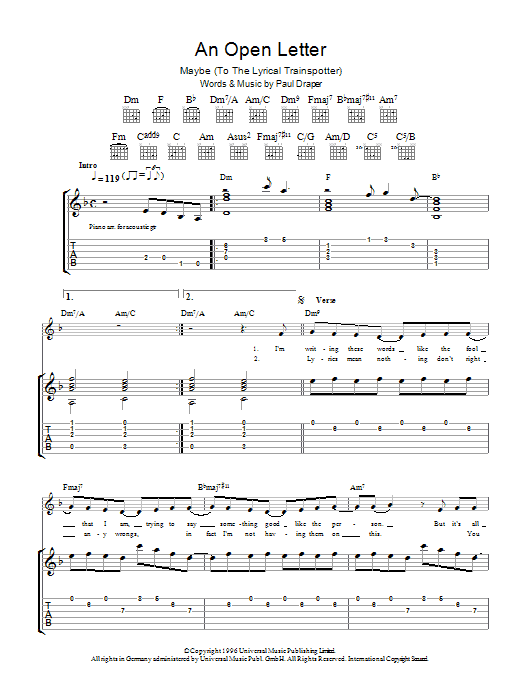 Learn to play Mansun An Open Letter sheet music for Guitar Tab in minutes. Mansun An Open Letter sheet music preview music notes and score for Guitar Tab including 7 page(s)
