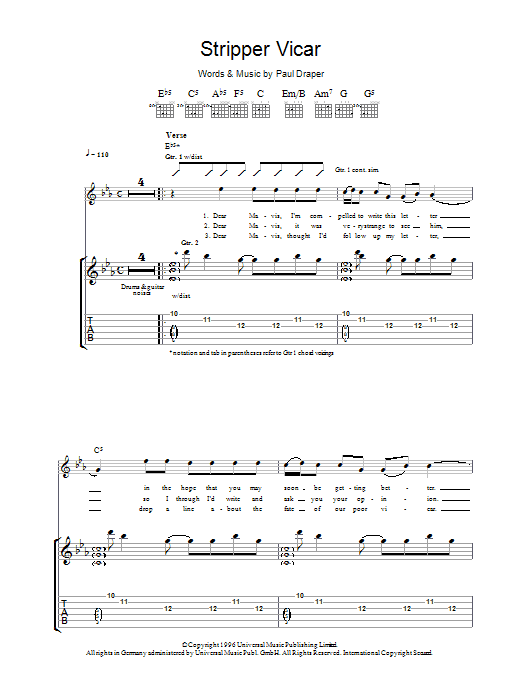 Mansun Stripper Vicar sheet music preview music notes and score for Guitar Tab including 7 page(s)