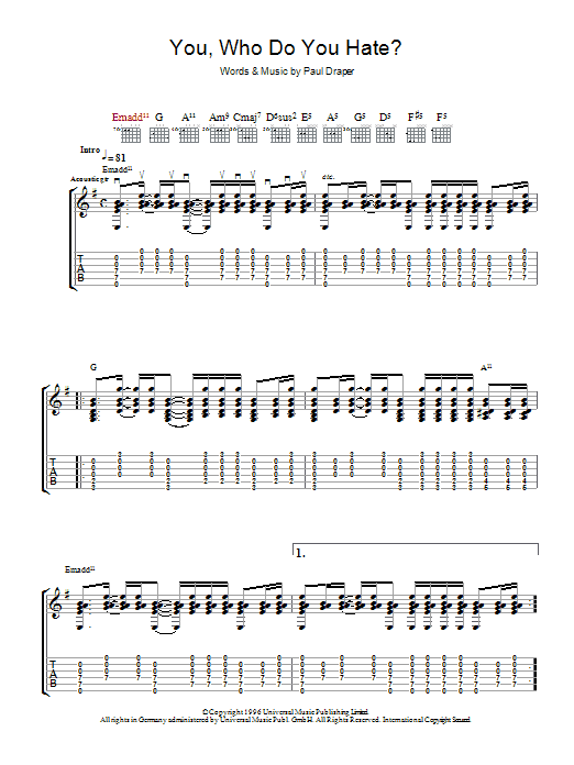 Mansun You, Who Do You Hate? sheet music, chords, lyrics - Printable PDF for Guitar Tab