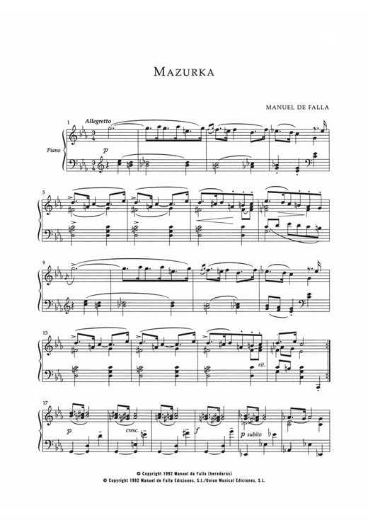 Learn to play Manuel De Falla Mazurka In Do Menor sheet music for Piano in minutes. Manuel De Falla Mazurka In Do Menor sheet music notes and chords