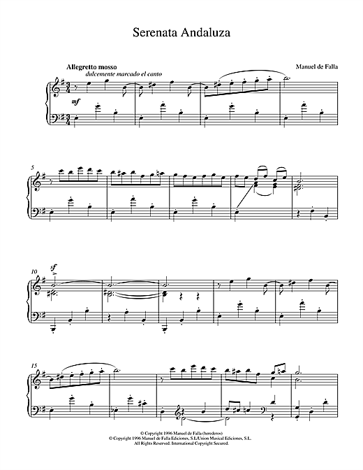 Learn to play Manuel De Falla Serenata Andaluza sheet music for Piano in minutes. Manuel De Falla Serenata Andaluza sheet music notes and chords