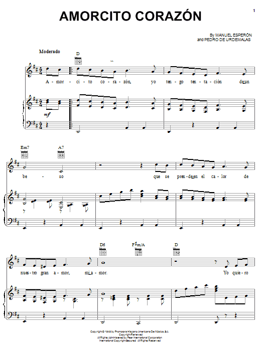 Learn to play Manuel Esperon Amorcito Corazon sheet music for Real Book – Melody & Chords in minutes. Manuel Esperon Amorcito Corazon sheet music preview music notes and score for Real Book – Melody & Chords including 1 page(s)