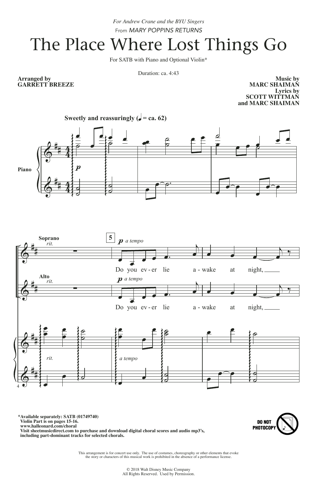 Marc Shaiman & Scott Wittman The Place Where Lost Things Go (from Mary Poppins Returns) sheet music, chords, lyrics - Printable PDF for SATB Choir