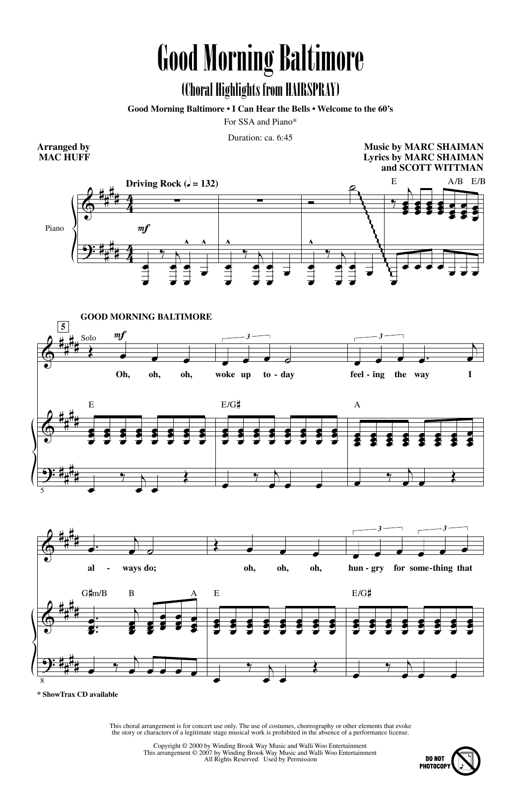Mac Huff Good Morning Baltimore (Choral Highlights from Hairspray) sheet music, chords, lyrics - Printable PDF for SSA