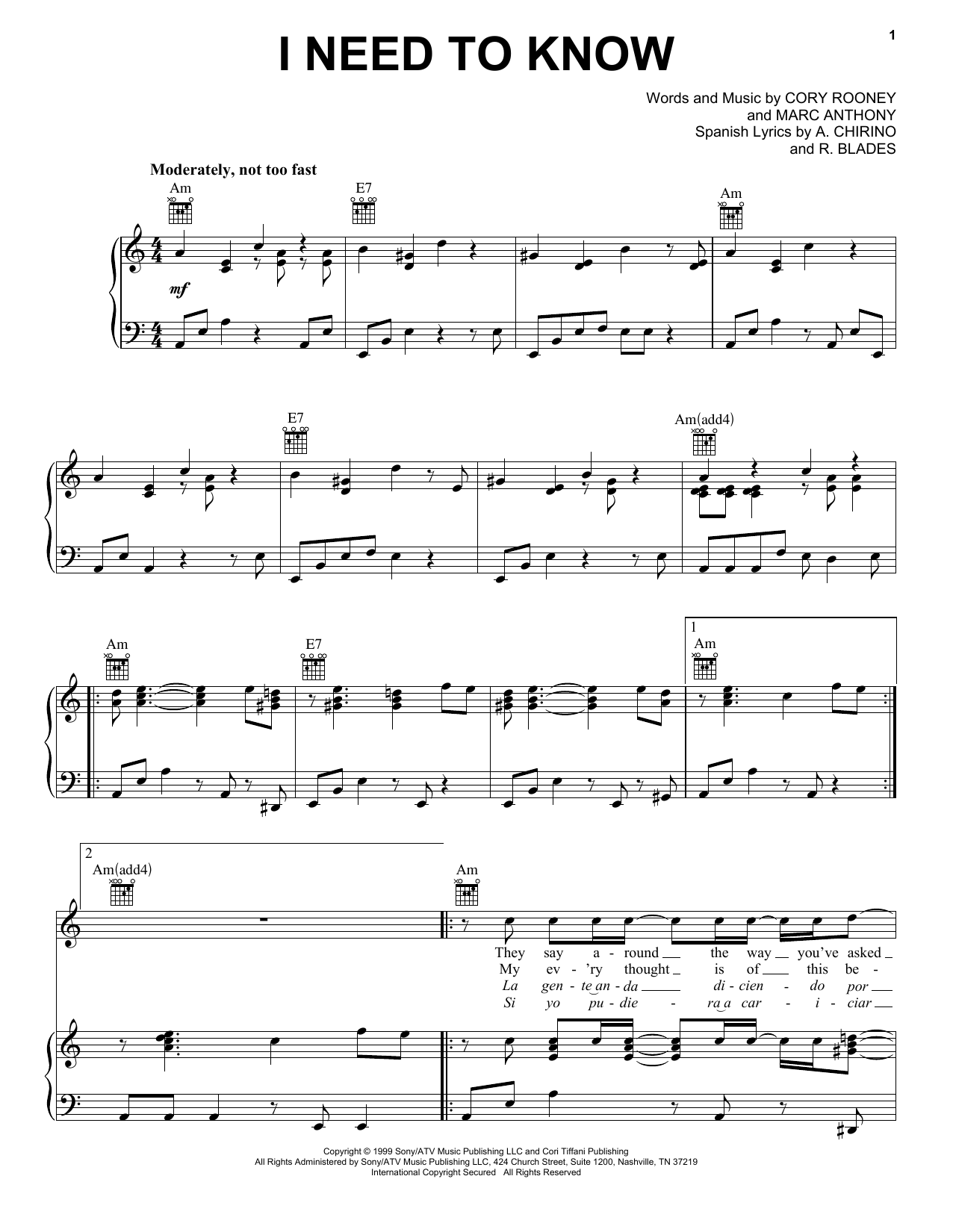 Learn to play Marc Anthony I Need To Know sheet music for Piano, Vocal & Guitar (Right-Hand Melody) in minutes. Marc Anthony I Need To Know sheet music notes and chords