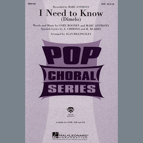 Download or print Marc Anthony I Need To Know (Dimelo) (arr. Alan Billingsley) Sheet Music Printable PDF 7-page score for Pop / arranged SATB Choir SKU: 436646.