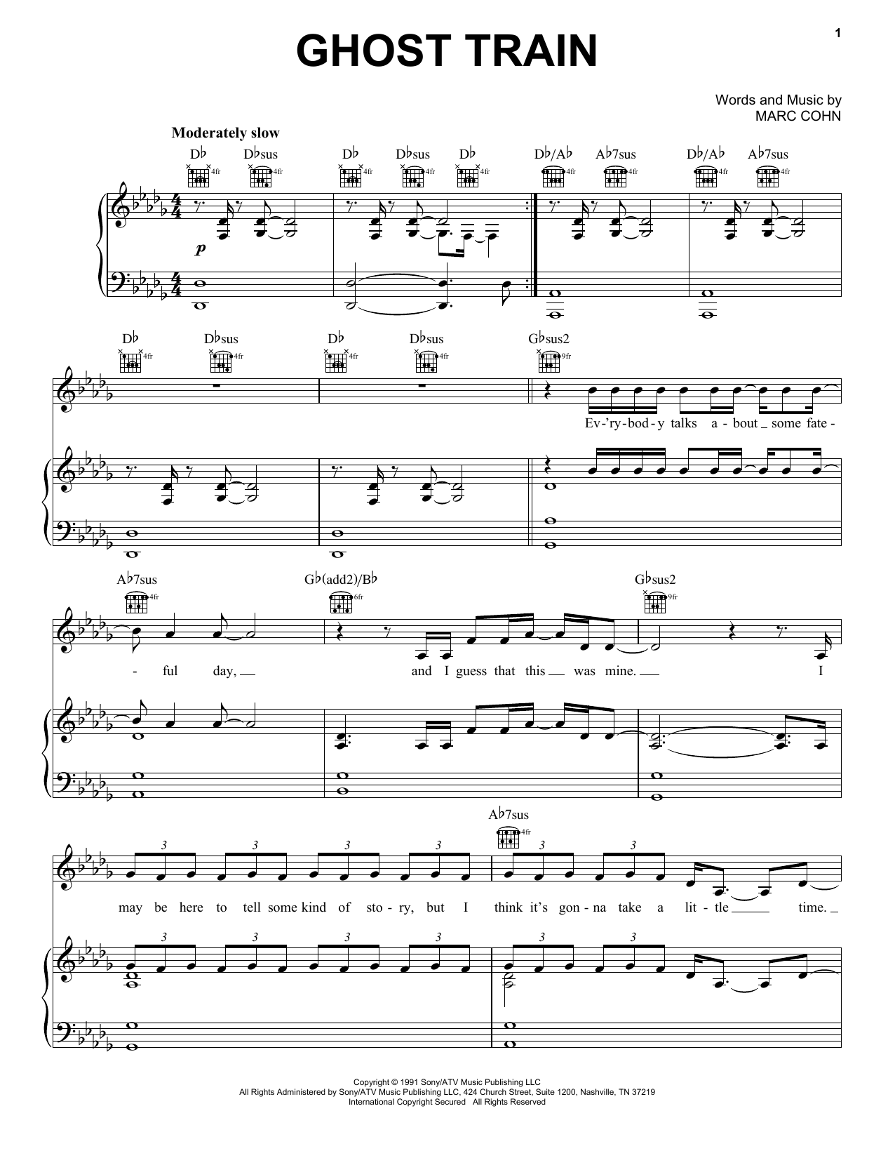 Marc Cohn Ghost Train sheet music preview music notes and score for Piano, Vocal & Guitar Chords (Right-Hand Melody) including 7 page(s)
