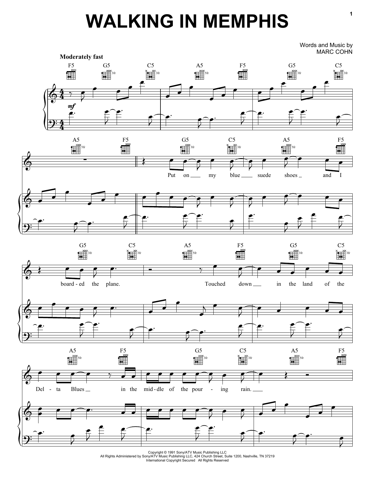 Learn to play Marc Cohn Walking In Memphis sheet music for Piano, Vocal & Guitar (Right-Hand Melody) in minutes. Marc Cohn Walking In Memphis sheet music notes and chords