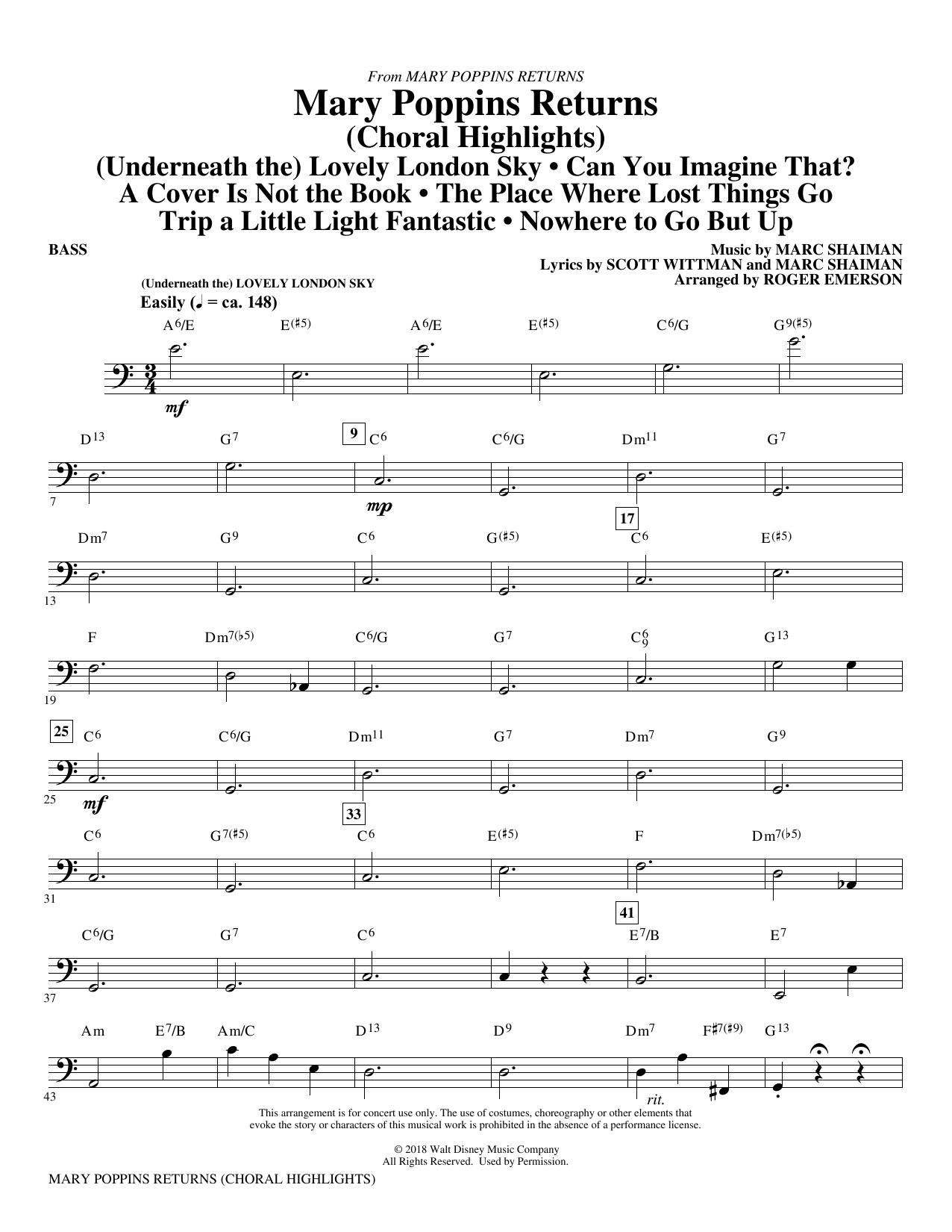 Learn to play Marc Shaiman & Scott Wittman Mary Poppins Returns (Choral Highlights) (arr. Roger Emerson) - Bass sheet music for Choir Instrumental Pak in minutes. Marc Shaiman & Scott Wittman Mary Poppins Returns (Choral Highlights) (arr. Roger Emerson) - Bass sheet music preview music notes and score for Choir Instrumental Pak including 7 page(s)