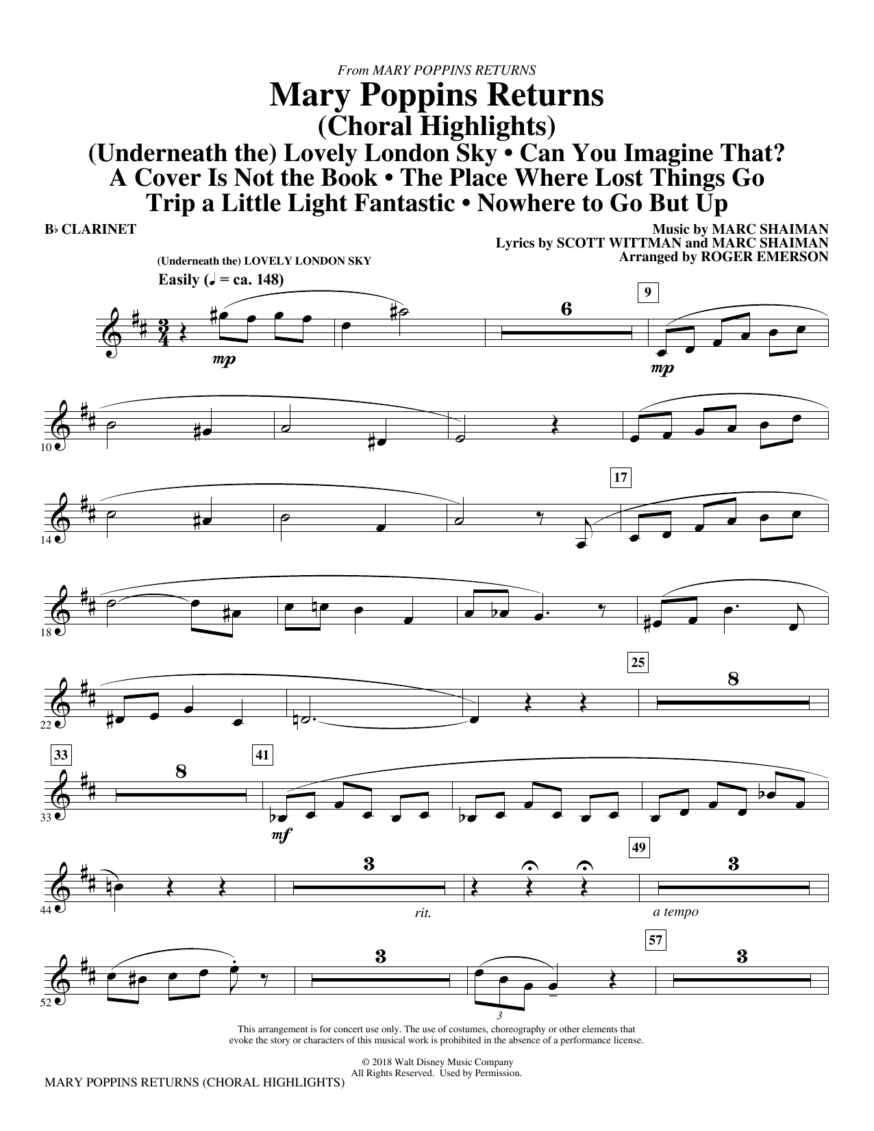 Learn to play Marc Shaiman & Scott Wittman Mary Poppins Returns (Choral Highlights) (arr. Roger Emerson) - Bb Clarinet sheet music for Choir Instrumental Pak in minutes. Marc Shaiman & Scott Wittman Mary Poppins Returns (Choral Highlights) (arr. Roger Emerson) - Bb Clarinet sheet music preview music notes and score for Choir Instrumental Pak including 6 page(s)