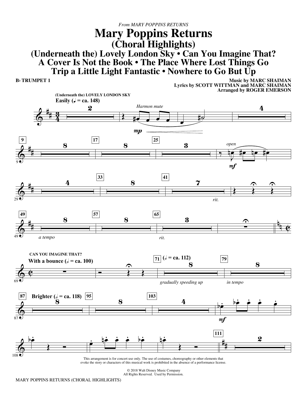 Learn to play Marc Shaiman & Scott Wittman Mary Poppins Returns (Choral Highlights) (arr. Roger Emerson) - Bb Trumpet 1 sheet music for Choir Instrumental Pak in minutes. Marc Shaiman & Scott Wittman Mary Poppins Returns (Choral Highlights) (arr. Roger Emerson) - Bb Trumpet 1 sheet music preview music notes and score for Choir Instrumental Pak including 6 page(s)
