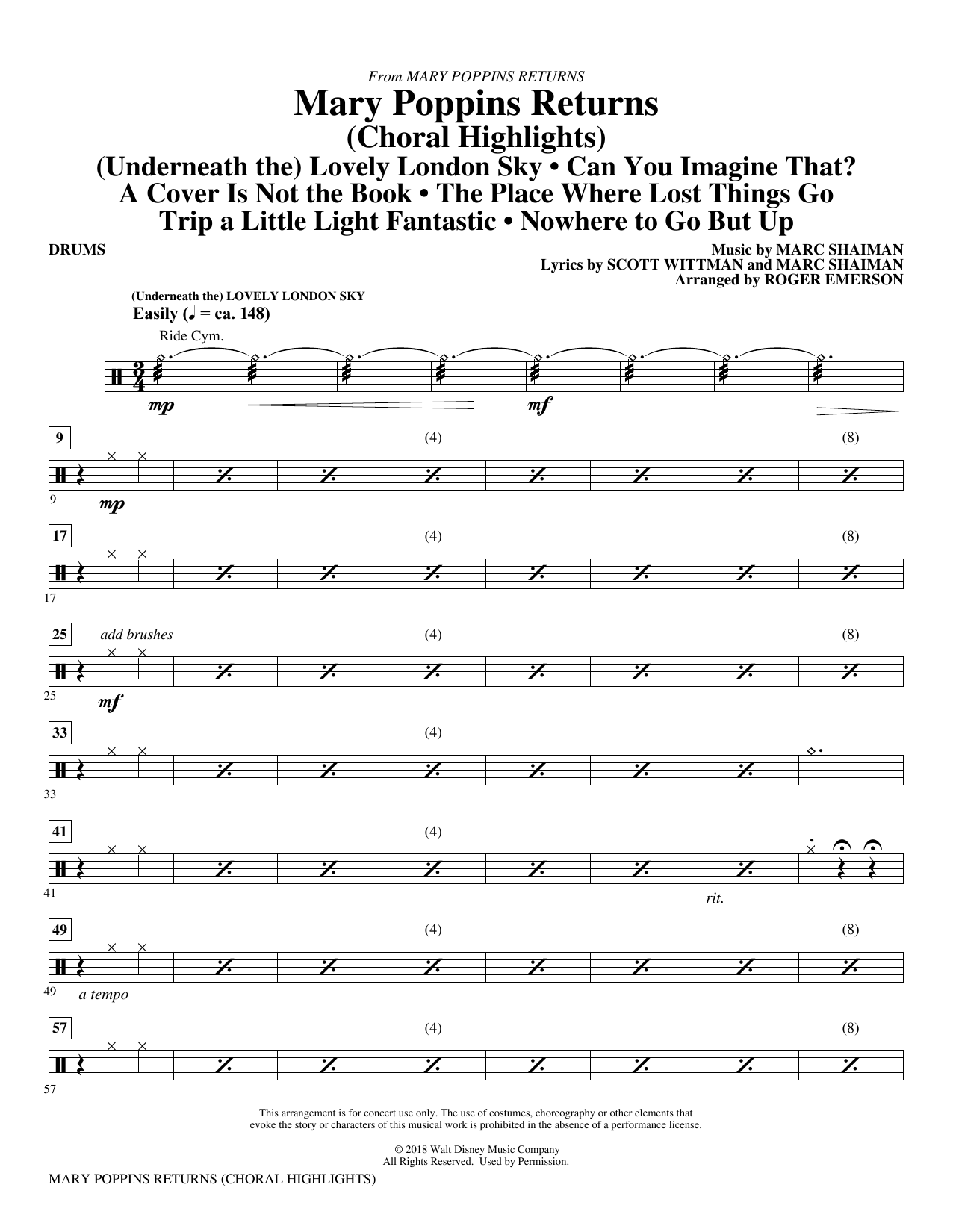 Learn to play Marc Shaiman & Scott Wittman Mary Poppins Returns (Choral Highlights) (arr. Roger Emerson) - Drums sheet music for Choir Instrumental Pak in minutes. Marc Shaiman & Scott Wittman Mary Poppins Returns (Choral Highlights) (arr. Roger Emerson) - Drums sheet music preview music notes and score for Choir Instrumental Pak including 5 page(s)