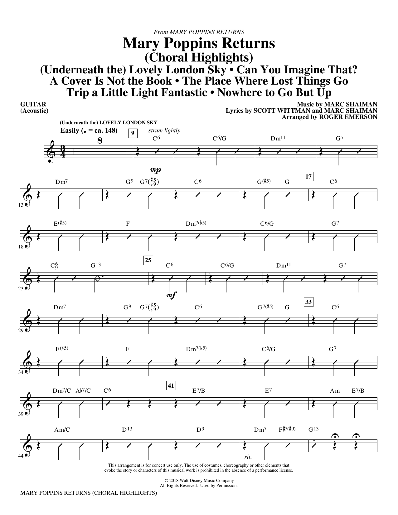 Learn to play Marc Shaiman & Scott Wittman Mary Poppins Returns (Choral Highlights) (arr. Roger Emerson) - Guitar sheet music for Choir Instrumental Pak in minutes. Marc Shaiman & Scott Wittman Mary Poppins Returns (Choral Highlights) (arr. Roger Emerson) - Guitar sheet music preview music notes and score for Choir Instrumental Pak including 7 page(s)