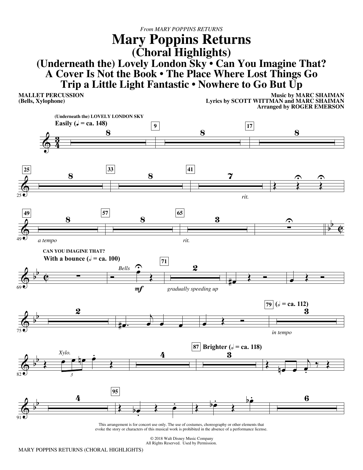 Learn to play Marc Shaiman & Scott Wittman Mary Poppins Returns (Choral Highlights) (arr. Roger Emerson) - Mallet Percussion sheet music for Choir Instrumental Pak in minutes. Marc Shaiman & Scott Wittman Mary Poppins Returns (Choral Highlights) (arr. Roger Emerson) - Mallet Percussion sheet music preview music notes and score for Choir Instrumental Pak including 4 page(s)