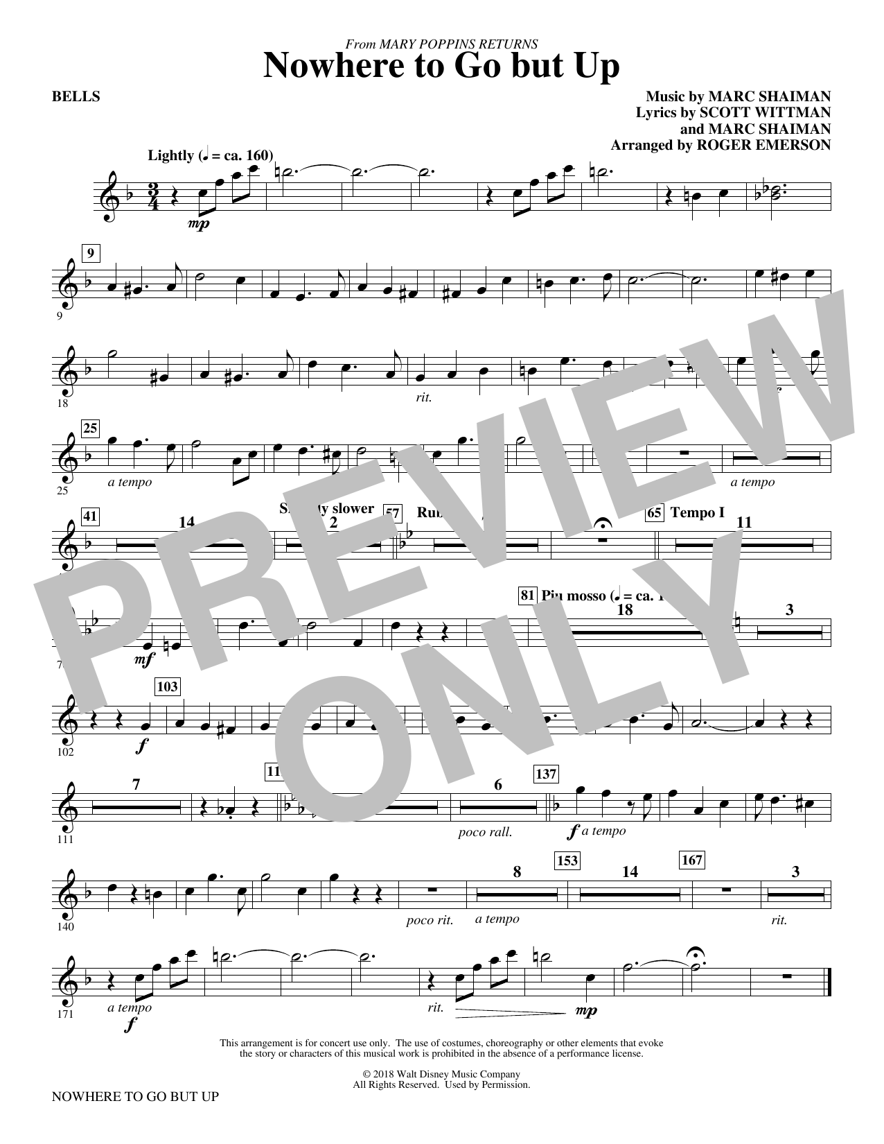 Learn to play Marc Shaiman & Scott Wittman Nowhere to Go But Up (from Mary Poppins Returns) (arr. Roger Emerson) - Bells sheet music for Choir Instrumental Pak in minutes. Marc Shaiman & Scott Wittman Nowhere to Go But Up (from Mary Poppins Returns) (arr. Roger Emerson) - Bells sheet music preview music notes and score for Choir Instrumental Pak including 1 page(s)
