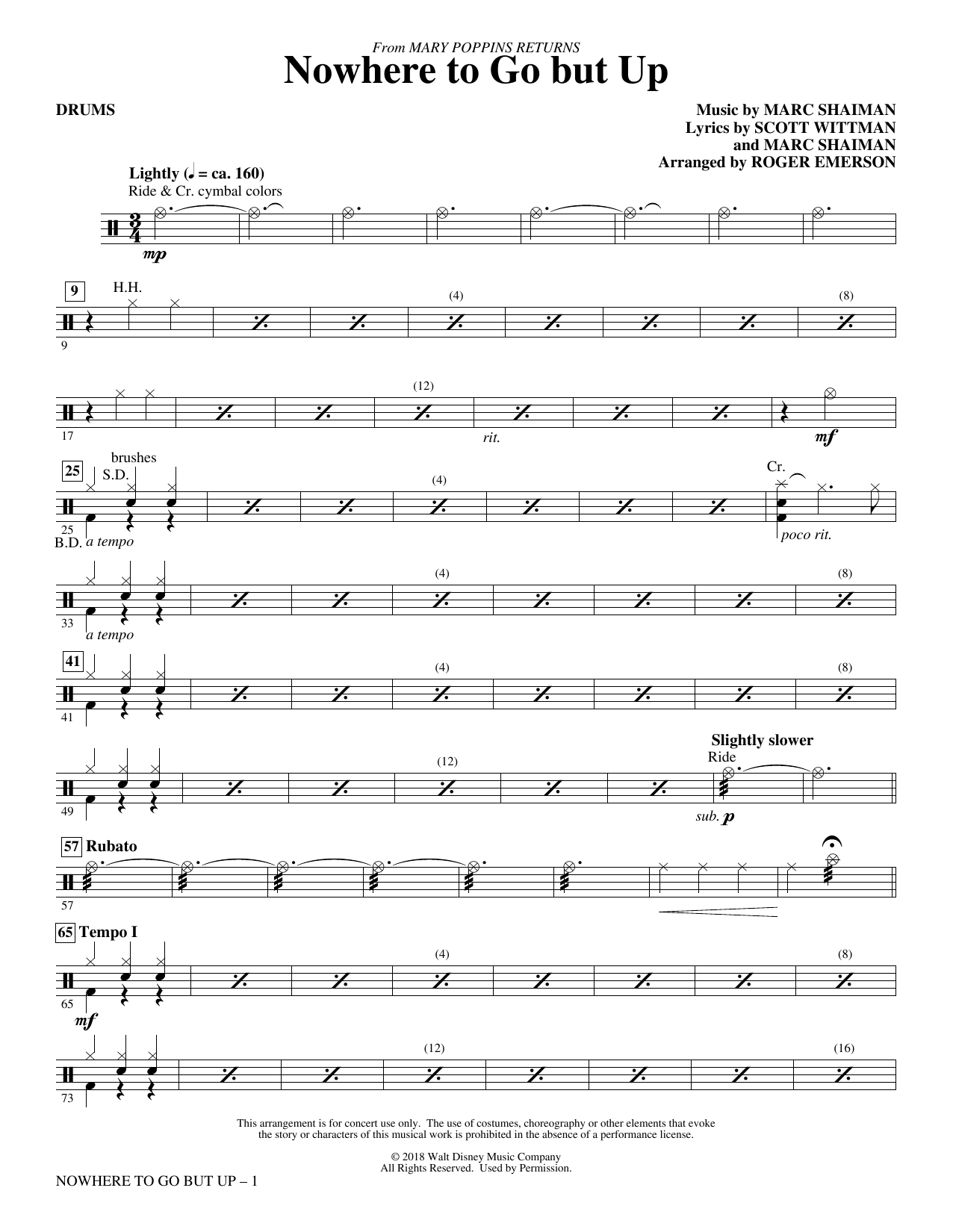 Learn to play Marc Shaiman & Scott Wittman Nowhere to Go But Up (from Mary Poppins Returns) (arr. Roger Emerson) - Drums sheet music for Choir Instrumental Pak in minutes. Marc Shaiman & Scott Wittman Nowhere to Go But Up (from Mary Poppins Returns) (arr. Roger Emerson) - Drums sheet music preview music notes and score for Choir Instrumental Pak including 2 page(s)