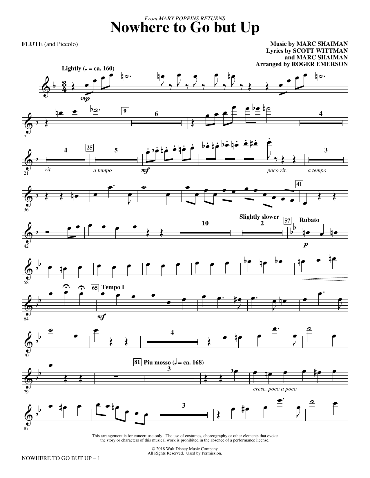 Learn to play Marc Shaiman & Scott Wittman Nowhere to Go But Up (from Mary Poppins Returns) (arr. Roger Emerson) - Flute & Piccolo sheet music for Choir Instrumental Pak in minutes. Marc Shaiman & Scott Wittman Nowhere to Go But Up (from Mary Poppins Returns) (arr. Roger Emerson) - Flute & Piccolo sheet music preview music notes and score for Choir Instrumental Pak including 2 page(s)