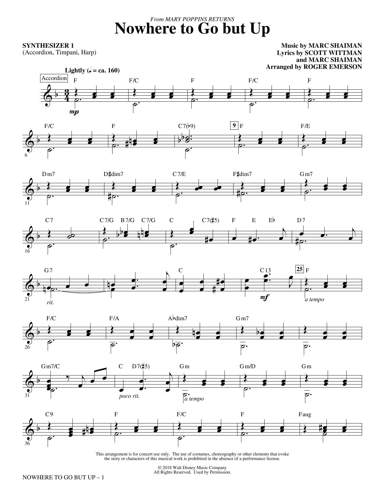 Learn to play Marc Shaiman & Scott Wittman Nowhere to Go But Up (from Mary Poppins Returns) (arr. Roger Emerson) - Synthesizer I sheet music for Choir Instrumental Pak in minutes. Marc Shaiman & Scott Wittman Nowhere to Go But Up (from Mary Poppins Returns) (arr. Roger Emerson) - Synthesizer I sheet music preview music notes and score for Choir Instrumental Pak including 3 page(s)