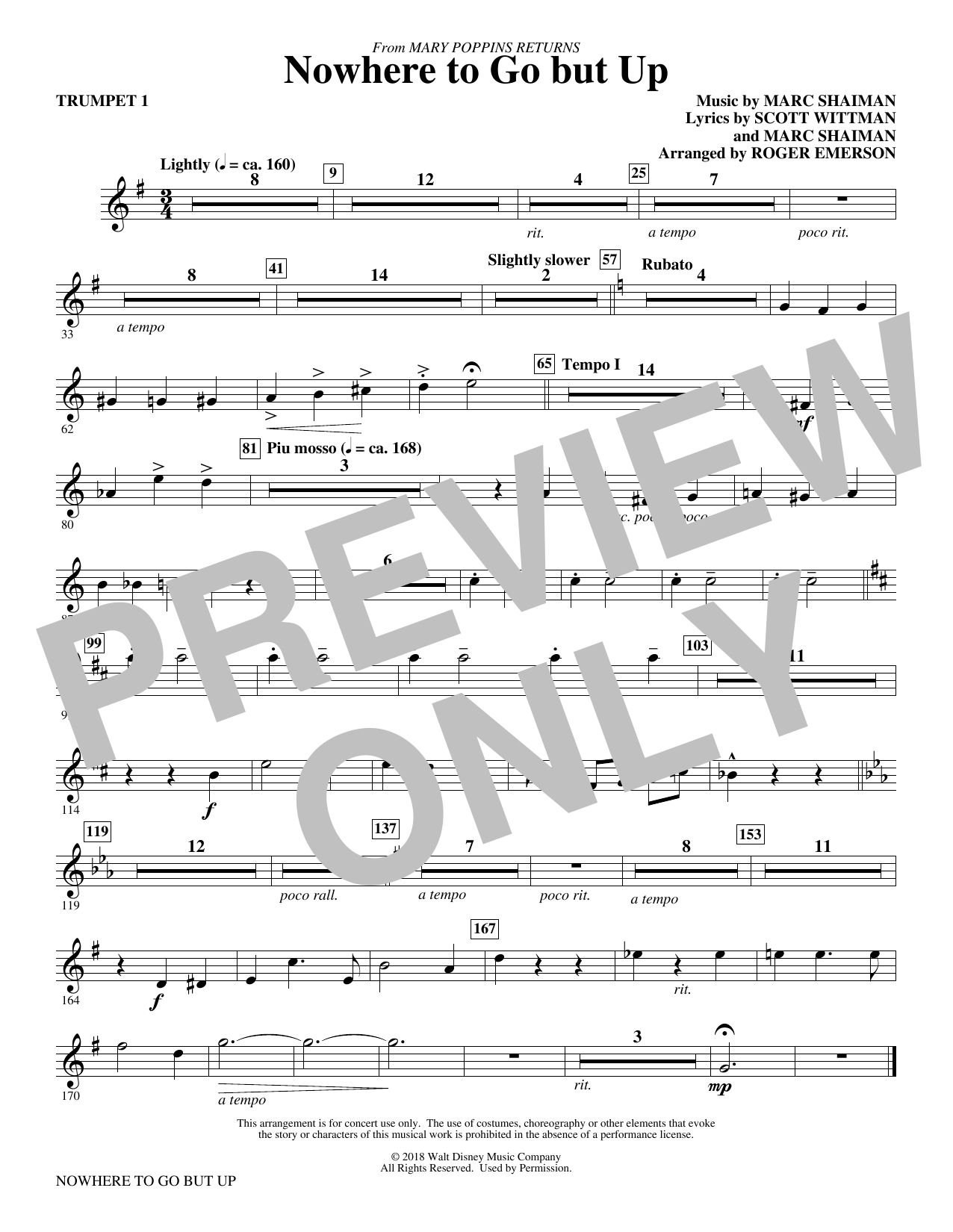 Learn to play Marc Shaiman & Scott Wittman Nowhere to Go But Up (from Mary Poppins Returns) (arr. Roger Emerson) - Trumpet 1 sheet music for Choir Instrumental Pak in minutes. Marc Shaiman & Scott Wittman Nowhere to Go But Up (from Mary Poppins Returns) (arr. Roger Emerson) - Trumpet 1 sheet music preview music notes and score for Choir Instrumental Pak including 1 page(s)