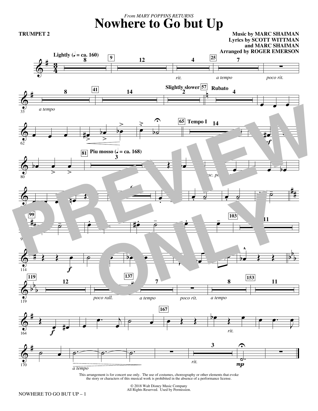 Learn to play Marc Shaiman & Scott Wittman Nowhere to Go But Up (from Mary Poppins Returns) (arr. Roger Emerson) - Trumpet 2 sheet music for Choir Instrumental Pak in minutes. Marc Shaiman & Scott Wittman Nowhere to Go But Up (from Mary Poppins Returns) (arr. Roger Emerson) - Trumpet 2 sheet music preview music notes and score for Choir Instrumental Pak including 1 page(s)