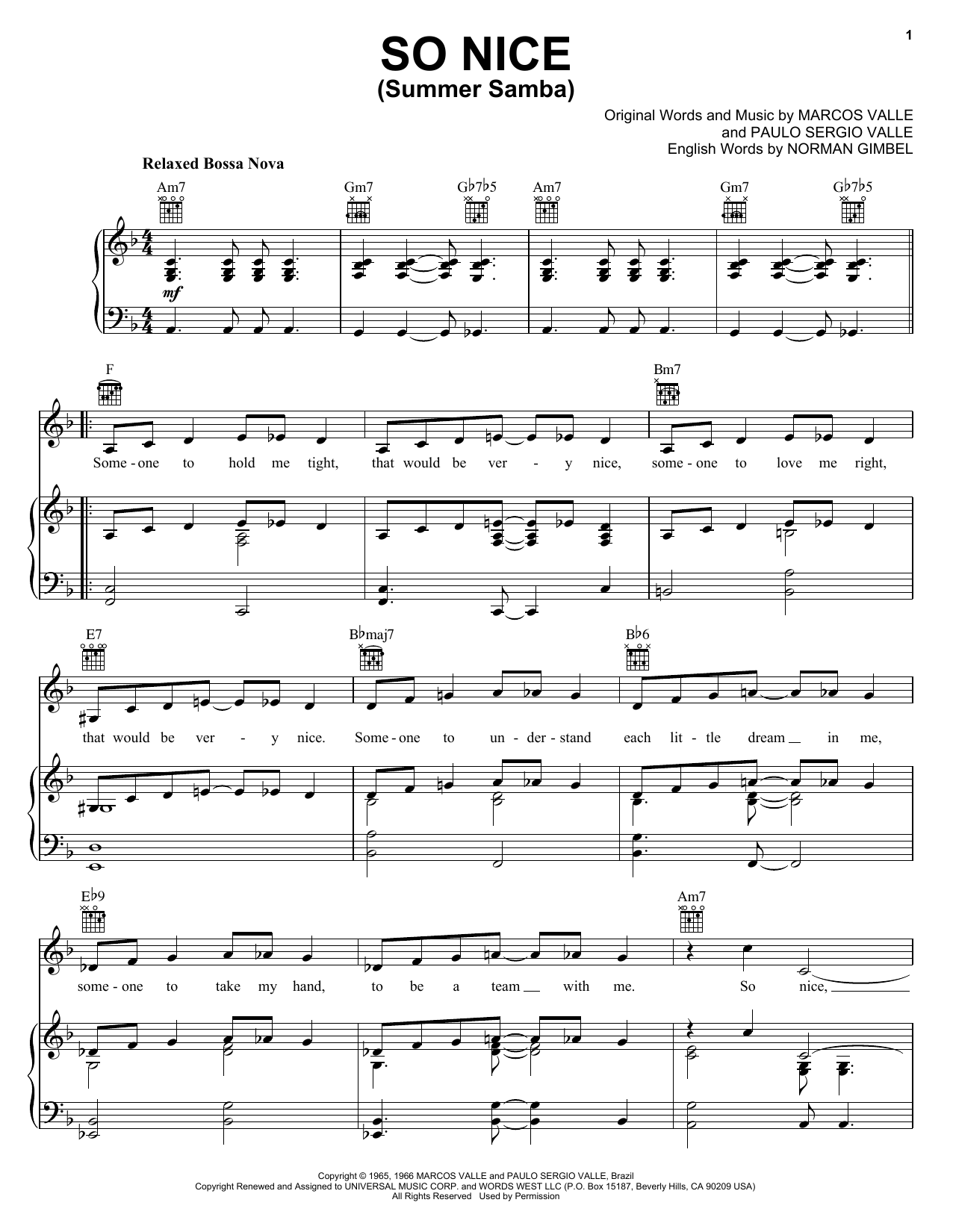 Learn to play Marcos Valle So Nice (Summer Samba) sheet music for Piano, Vocal & Guitar (Right-Hand Melody) in minutes. Marcos Valle So Nice (Summer Samba) sheet music preview music notes and score for Piano, Vocal & Guitar (Right-Hand Melody) including 3 page(s)