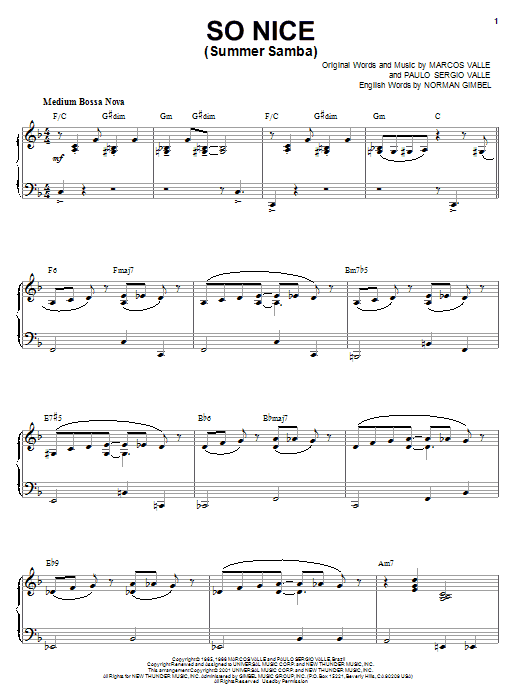 Learn to play Marcos Valle So Nice (Summer Samba) sheet music for Piano in minutes. Marcos Valle So Nice (Summer Samba) sheet music preview music notes and score for Piano including 3 page(s)
