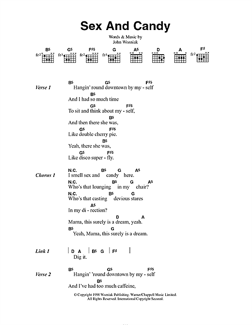 Learn to play Marcy Playground Sex And Candy sheet music for Piano, Vocal & Guitar (Right-Hand Melody) in minutes. Marcy Playground Sex And Candy sheet music preview music notes and score for Piano, Vocal & Guitar (Right-Hand Melody) including 3 page(s)