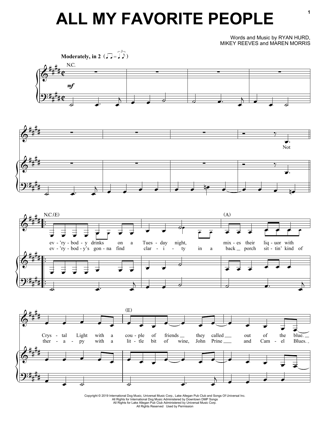 Maren Morris All My Favorite People (feat. Brothers Osborne) sheet music, chords, lyrics - Printable PDF for Piano, Vocal & Guitar (Right-Hand Melody)