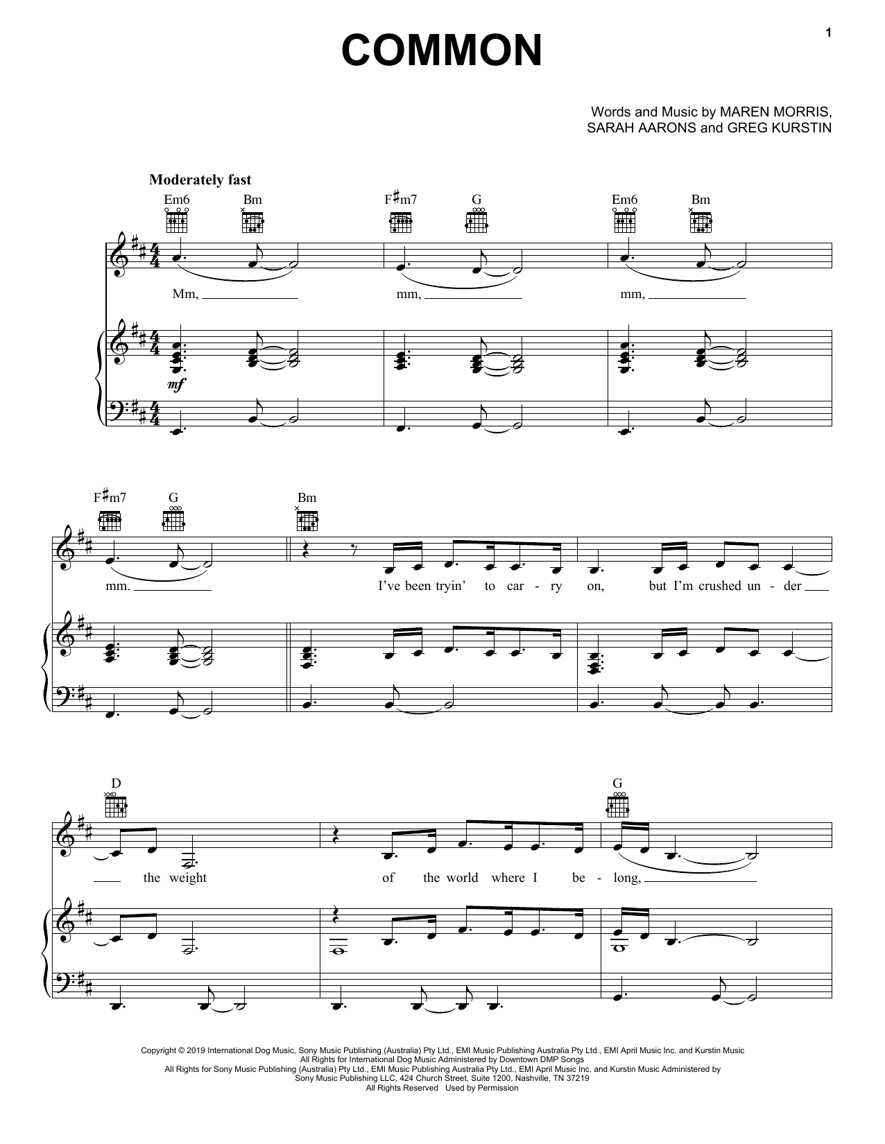 Maren Morris Common (feat. Brandi Carlile) sheet music, chords, lyrics - Printable PDF for Piano, Vocal & Guitar (Right-Hand Melody)