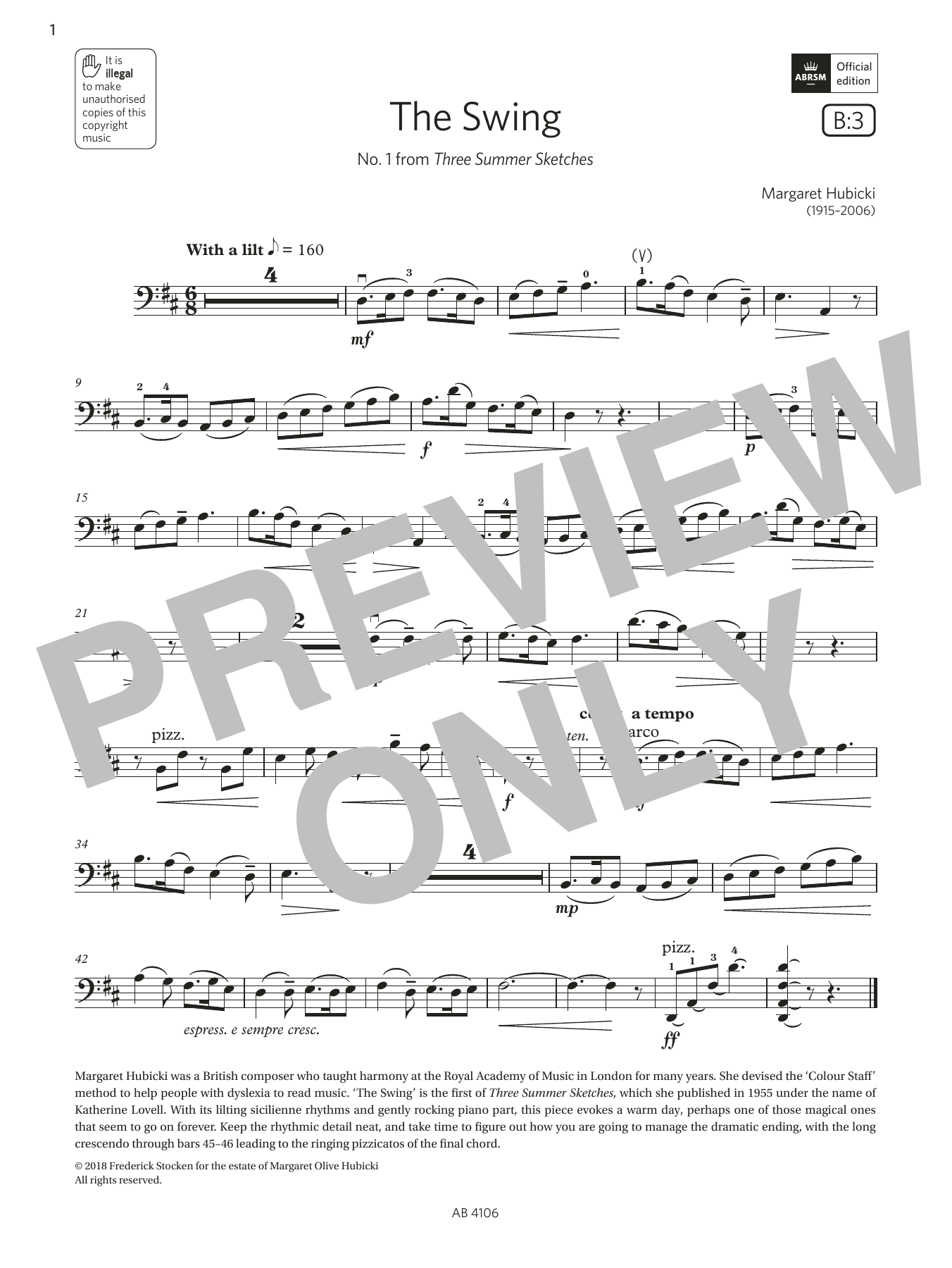 Margaret Hubicki The Swing (Grade 3, B3, from the ABRSM Cello Syllabus from 2024) sheet music, chords, lyrics - Printable PDF for Cello Solo