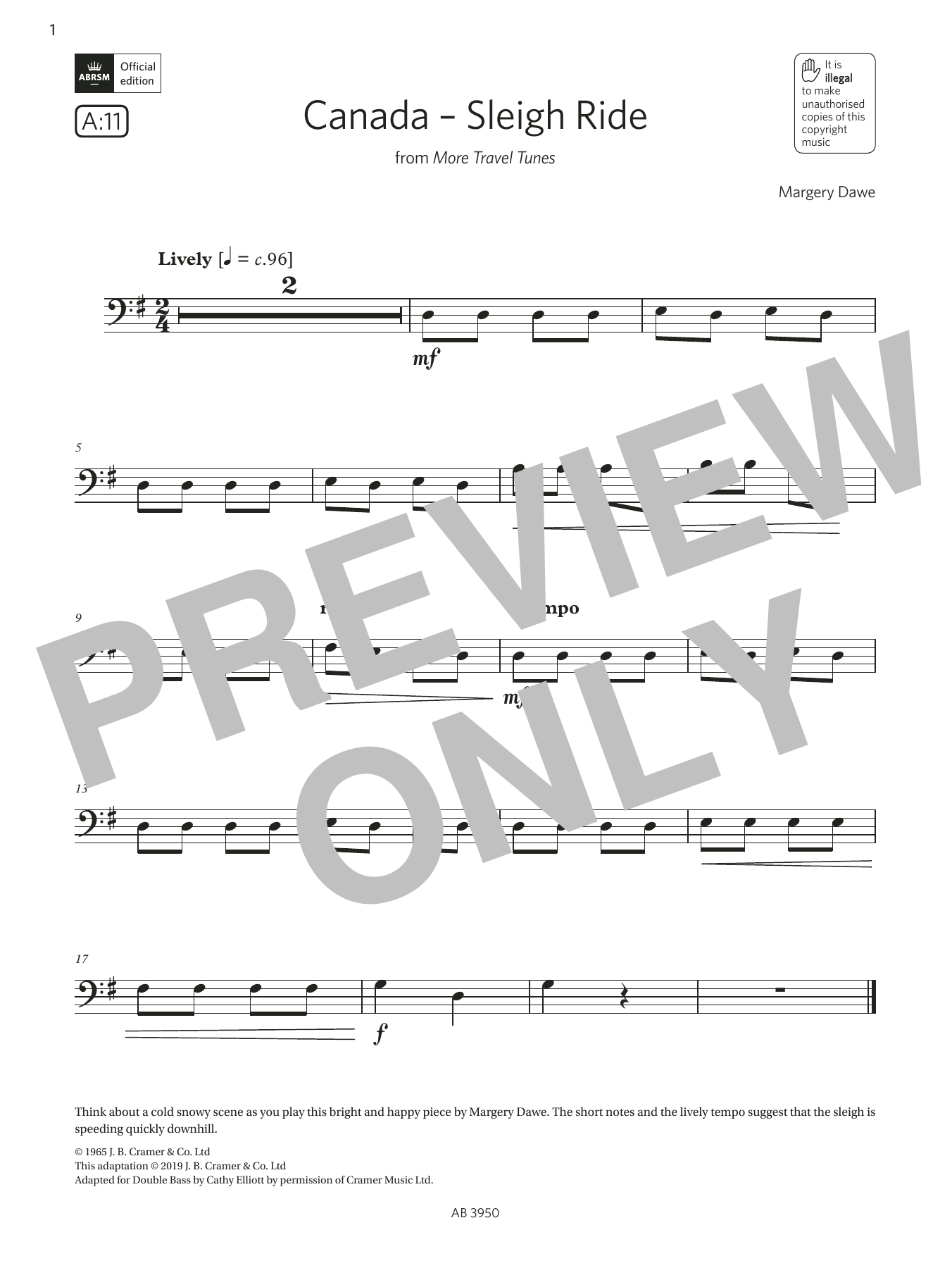 Margery Dawe Canada - Sleigh Ride (Grade Initial, A11, from the ABRSM Double Bass Syllabus from 2024) sheet music, chords, lyrics - Printable PDF for String Bass Solo